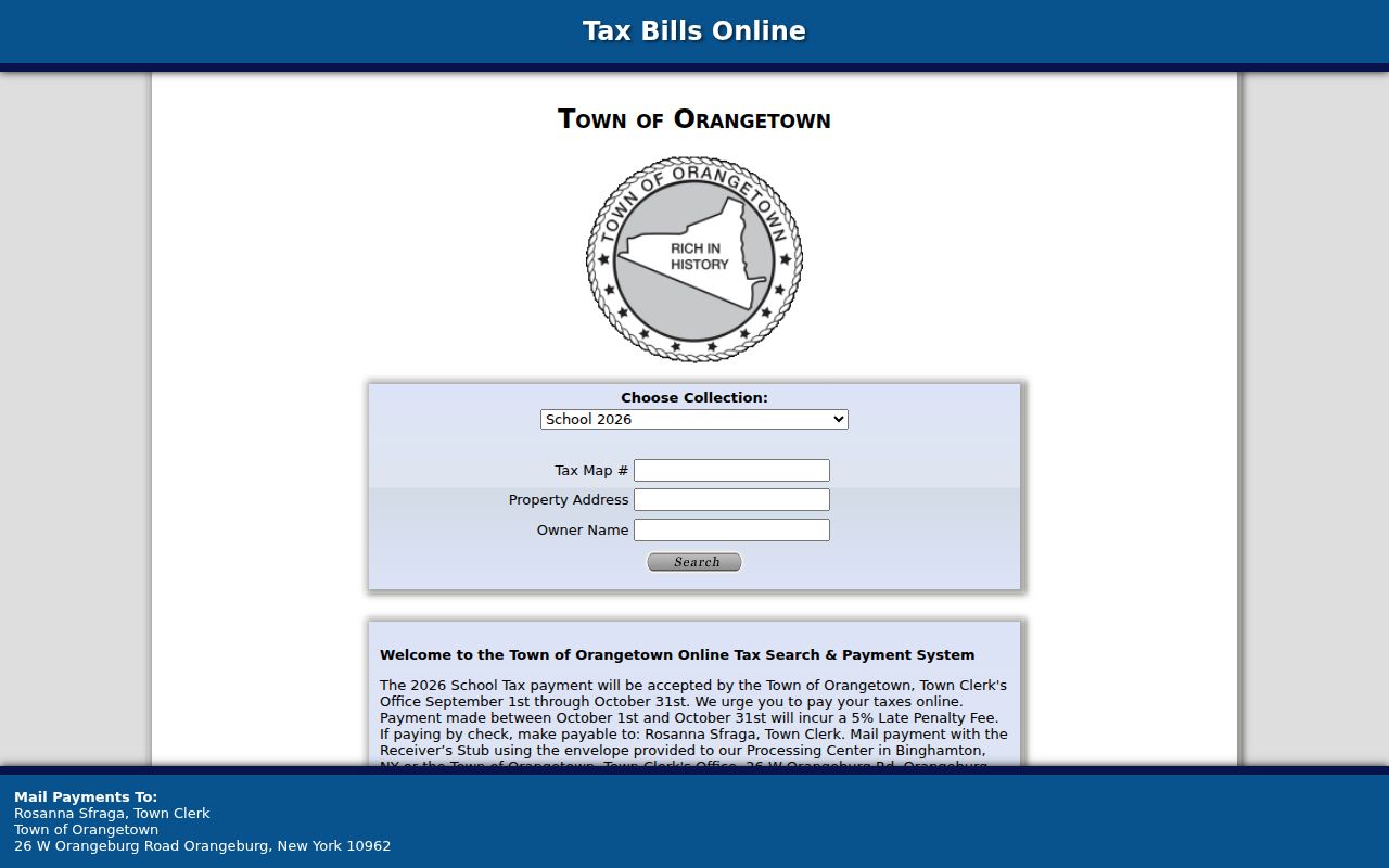Orangetown residents directory tax search controls for Tax Map number, property address, and owner name